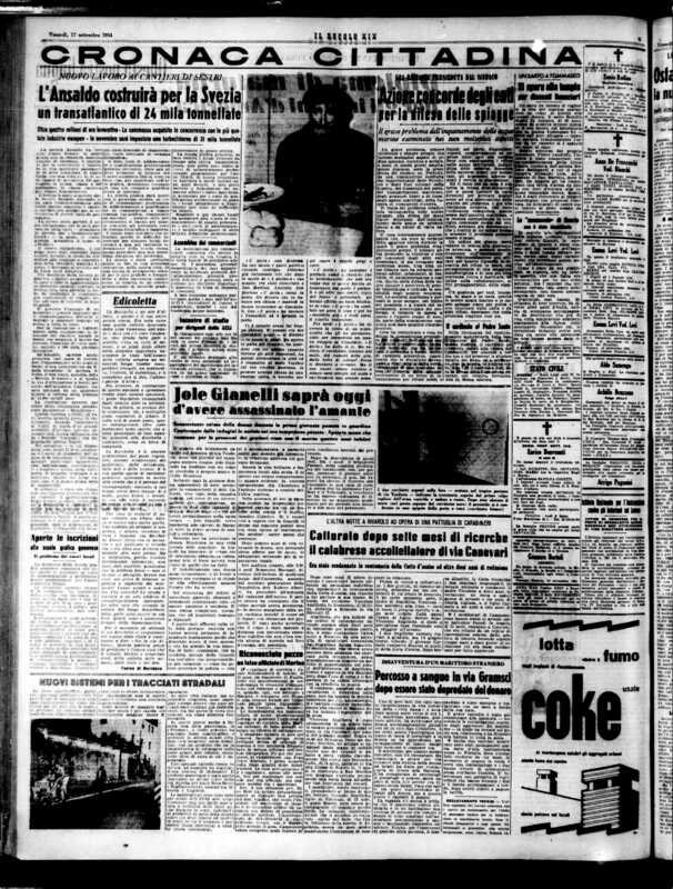 *Jole Gianelli saprà oggi di aver assassinato l’amante*, «Il Secolo XIX», 17 settembre 1954, “Cronaca cittadina”, p. 4