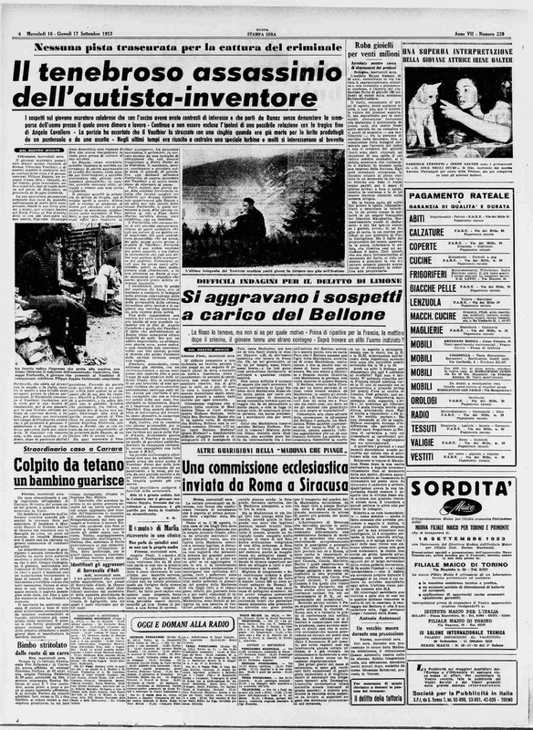 c.n., *Il tenebroso assassinio dell'autista-inventore*, «La Nuova Stampa», 17 settembre 1953, p. 4. 