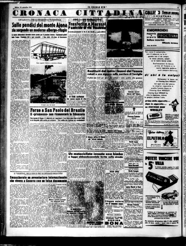 *Trasferita al Marassi l’omicida di via Teodosia*, «Il Secolo XIX», 18 settembre 1954, “Cronaca cittadina”, p. 4