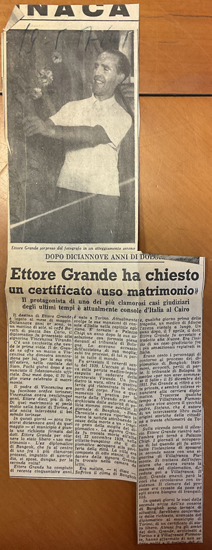 *Ettore Grande ha chiesto un certificato «uso matrimonio»*, «Gazzetta del Popolo», 19 maggio 1957