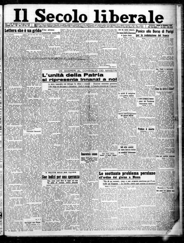 S.T., *Il delitto delle due valigie. Due indizi per una speranza*, «Il Secolo liberale», 22 dicembre 1945, p. 1