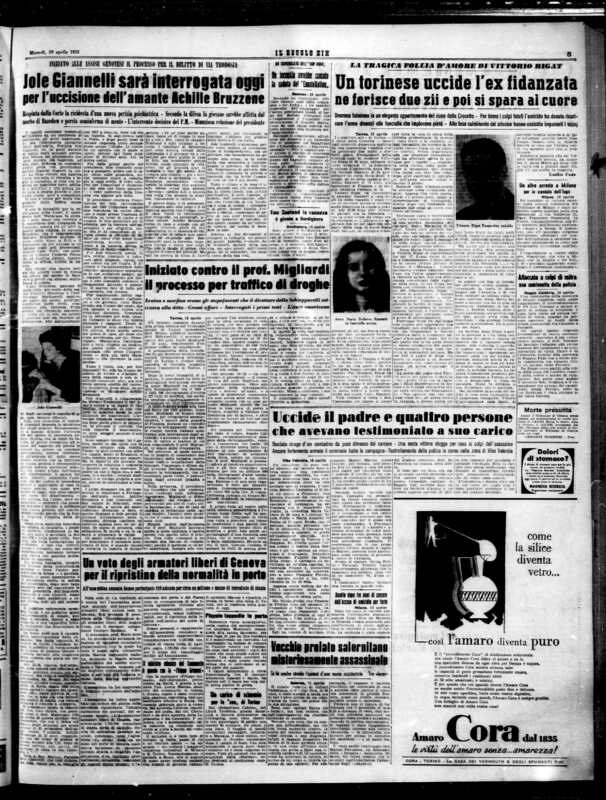 *Jole Giannelli sarà interrogata oggi per l’uccisione dell’amante Achille Bruzzone*, «Il Secolo XIX», 19 aprile 1955, “Cronaca cittadina”, p. 5