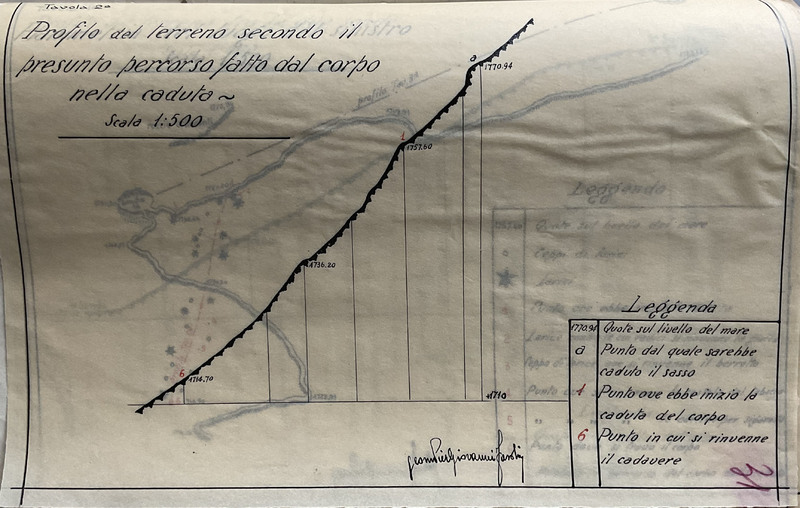 Profilo del terreno secondo il presunto percorso fatto dal corpo durante la caduta