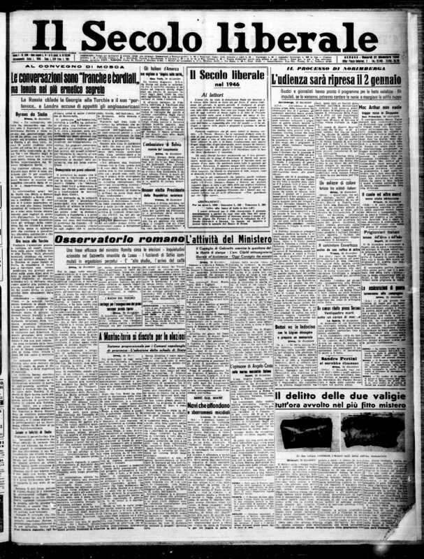 *Il delitto delle due valigie tutt’ora avvolto nel più fitto mistero*, «Il Secolo liberale», 21 dicembre 1945, p. 1