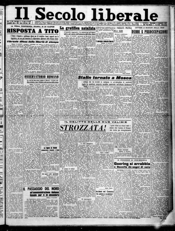 Stelio Tomei, *Il delitto delle due valigie. Strozzata!*, «Il Secolo liberale», 19 dicembre 1945, p. 1
