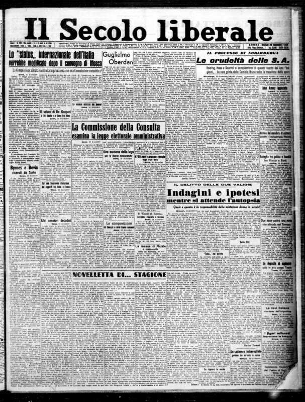 Stelio Tomei, *Il delitto delle due valigie. Indagini e ipotesi mentre si attende l’autopsia*, «Il Secolo liberale», 20 dicembre 1945, p. 1