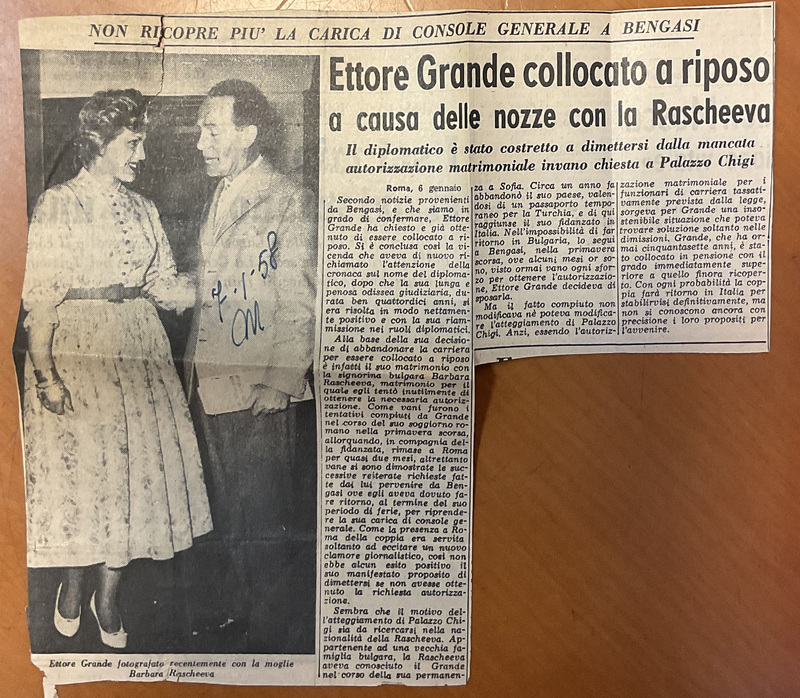 *Ettore Grande collocato a riposo a causa delle nozze con la Rescheeva*, «Gazzetta del Popolo», 7 gennaio 1958