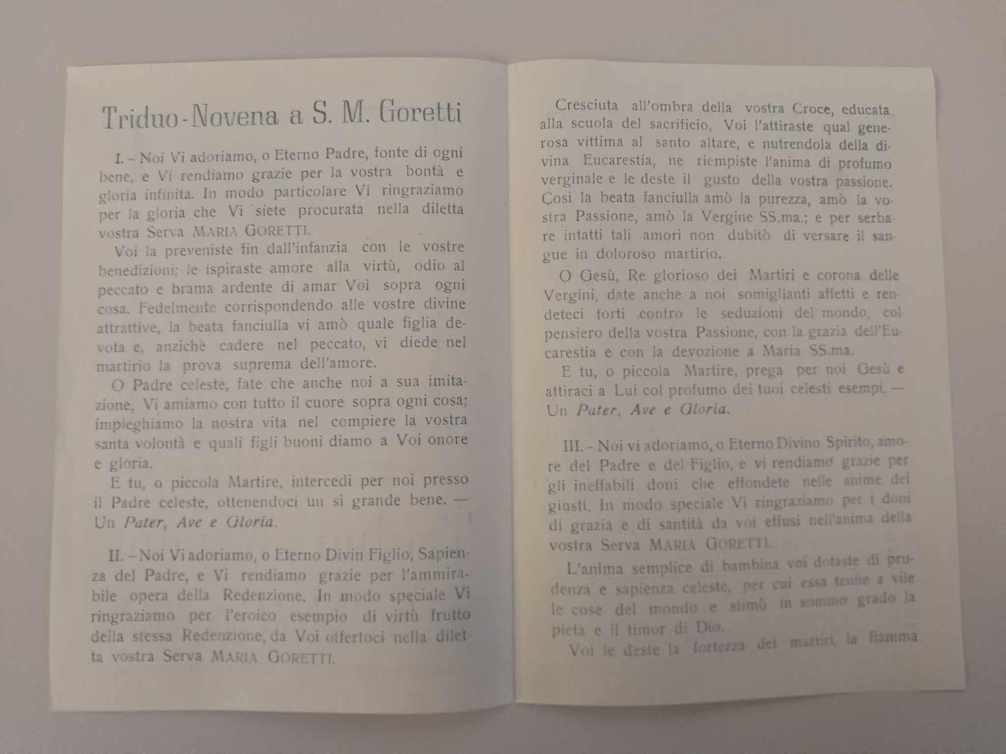 Foglietto liturgico per un triduo o una novena a Santa Maria Goretti