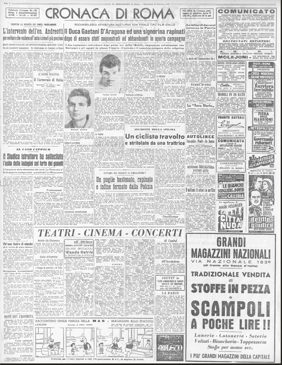 Il Duca Gaetani D'Aragona ed una signorina rapinati dopo essere stati sequestrati ed abbandonati in aperta campagna