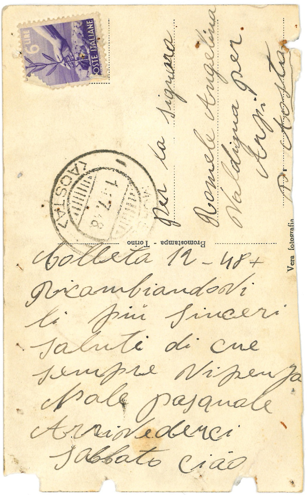 Cartolina postale indirizzata a Angela Romele da Pasquale Procopio