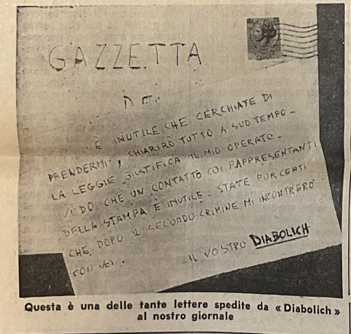 Una delle lettere firmate «Diabolich» inviate alla «Gazzetta del Popolo»