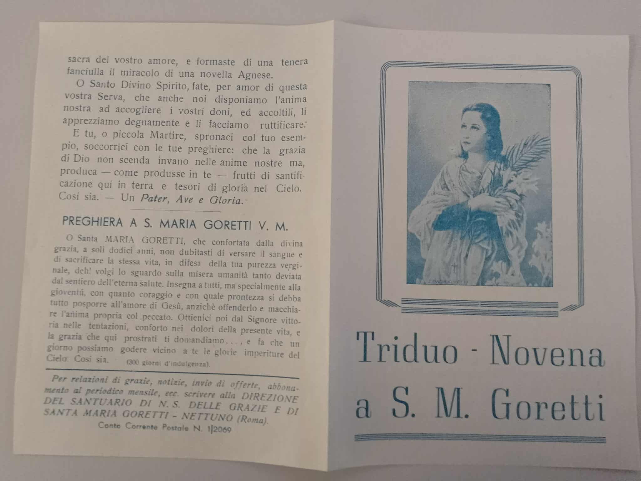Foglietto liturgico per un triduo o una novena a Santa Maria Goretti