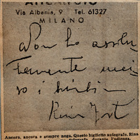 Biglietto autografo di Rina Fort consegnato a un fotografo